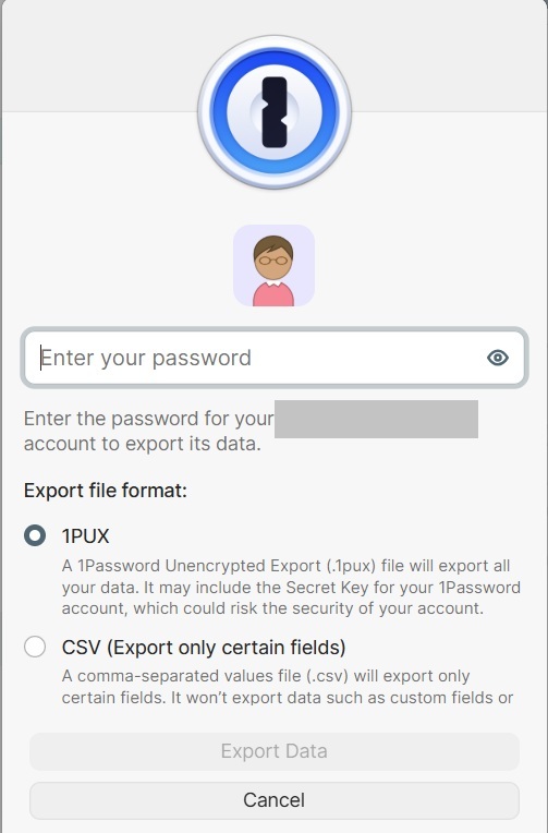1Password Export Dialog