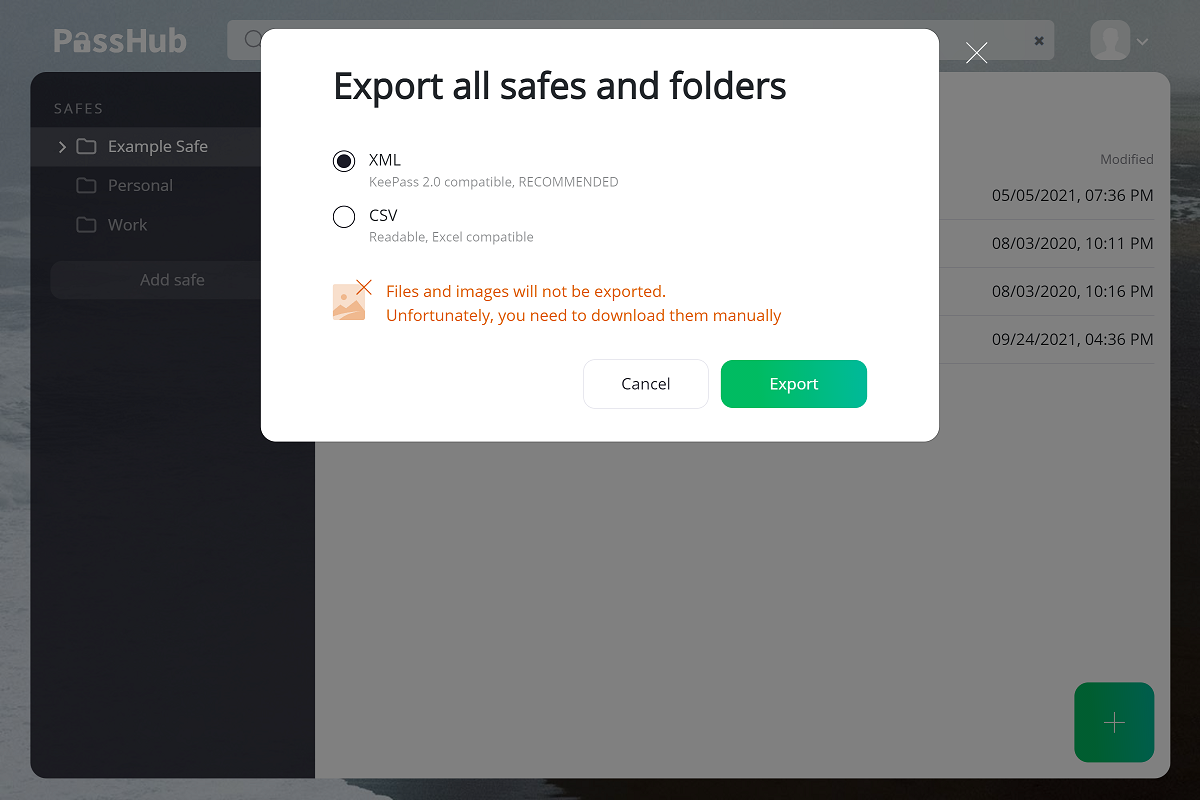 Export dialog