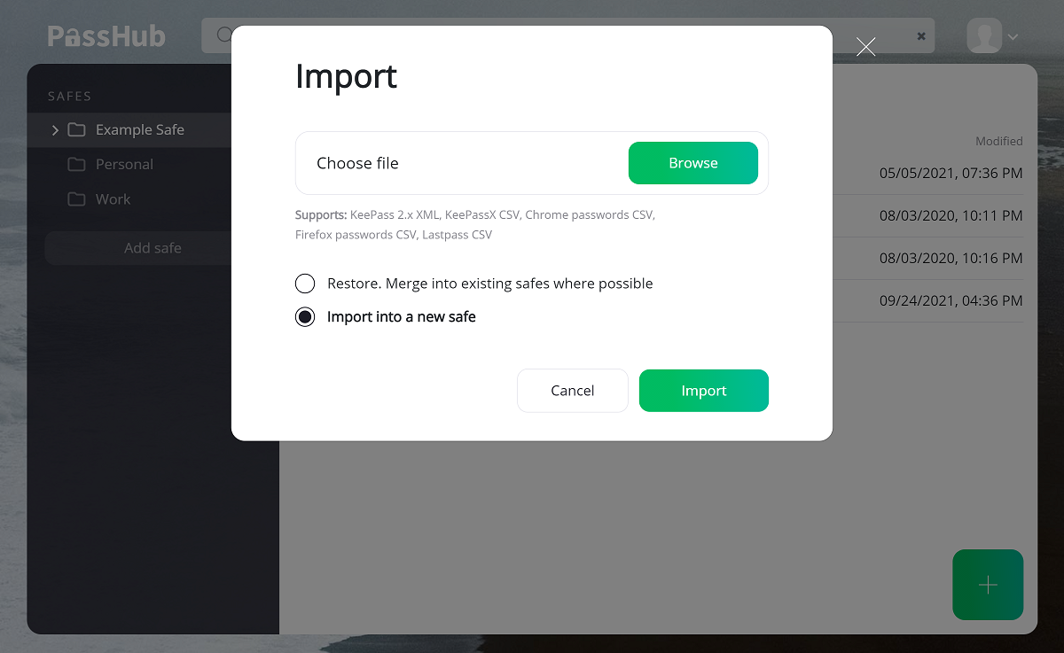 Import dialog