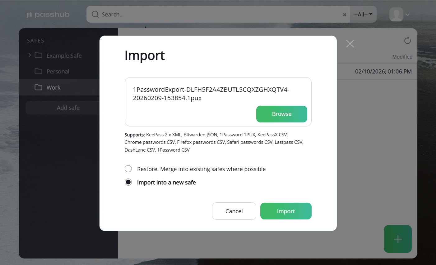 Passhub import dialog
